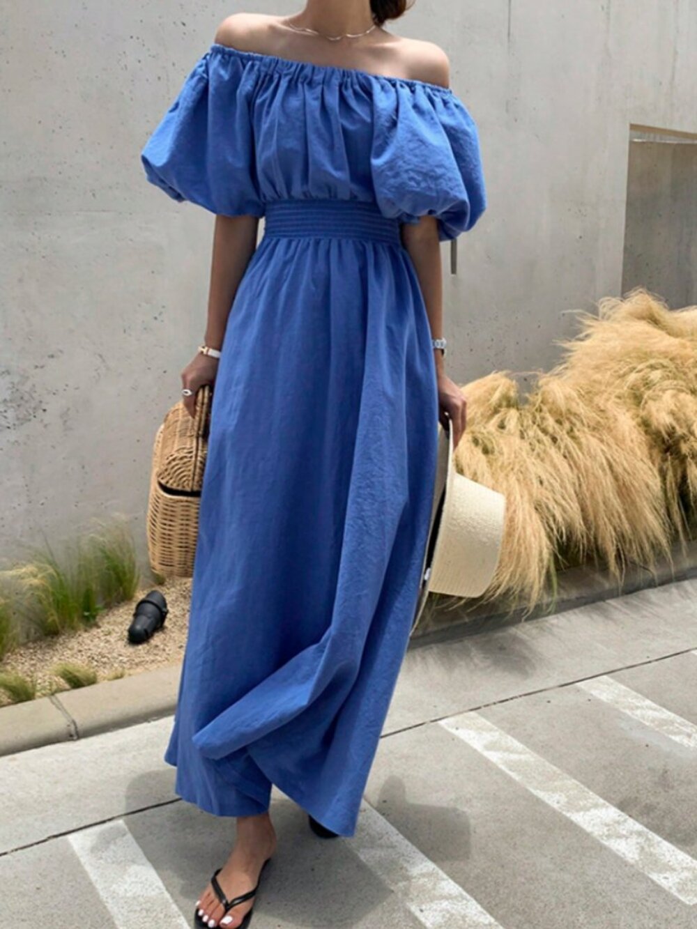 DAZY Women's XL Off Shoulder Puff Sleeve Elastic Waist Bubble Dress in Blue